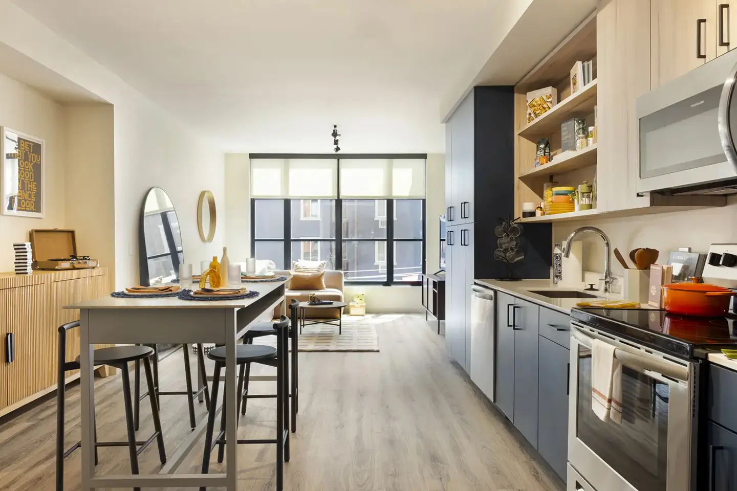 Inside the kitchen at ōLiv Hetzel, including table and chairs